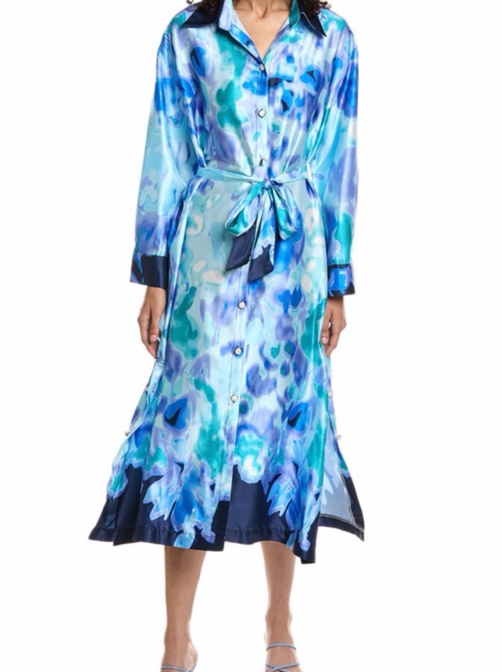 Beulah Blue & Teal Watercolor Satin Midi Shirt Dress